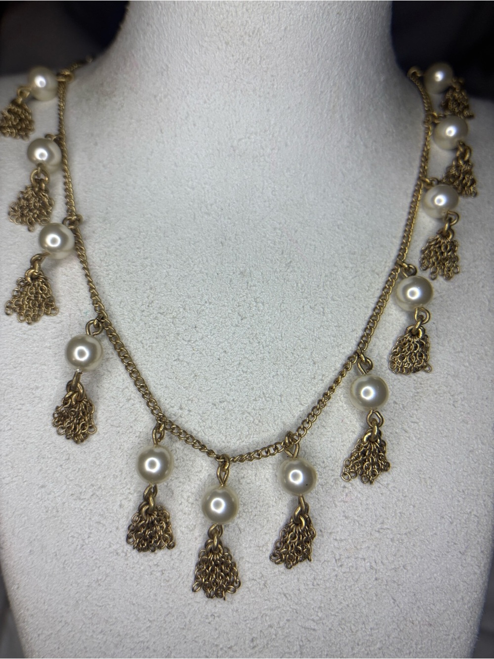 J.Crew gold plated tassel and pearl long necklace